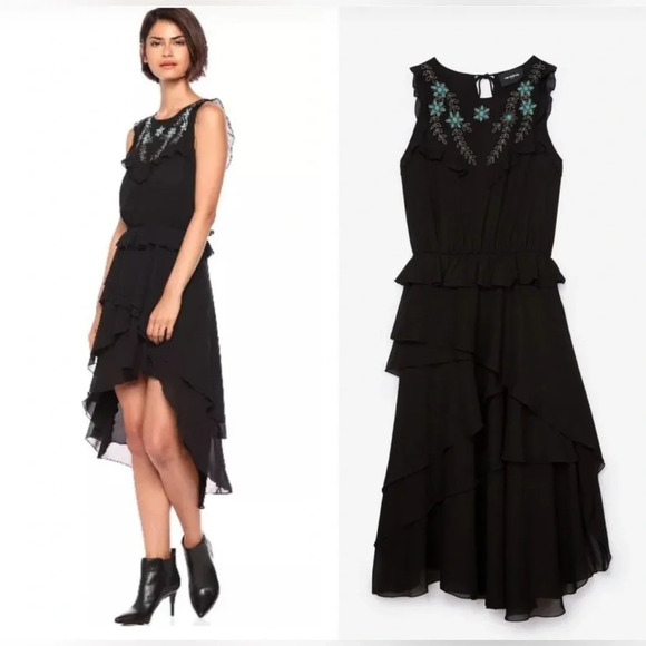 $350 The Kooples Black Ruffle Flowy Turquoise Beaded Hi Low Dress Sz 1 Small - Picture 1 of 10